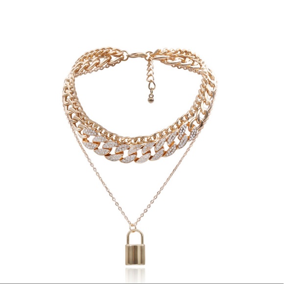 Gold Unisex Multilayer Padlock Chain Necklace - Picture 4 of 8